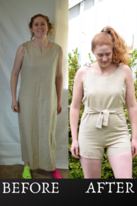 DIY linen romper upcycle from dress before and after