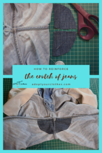 pinterest graphic showing jeans crotch reinforced with patches