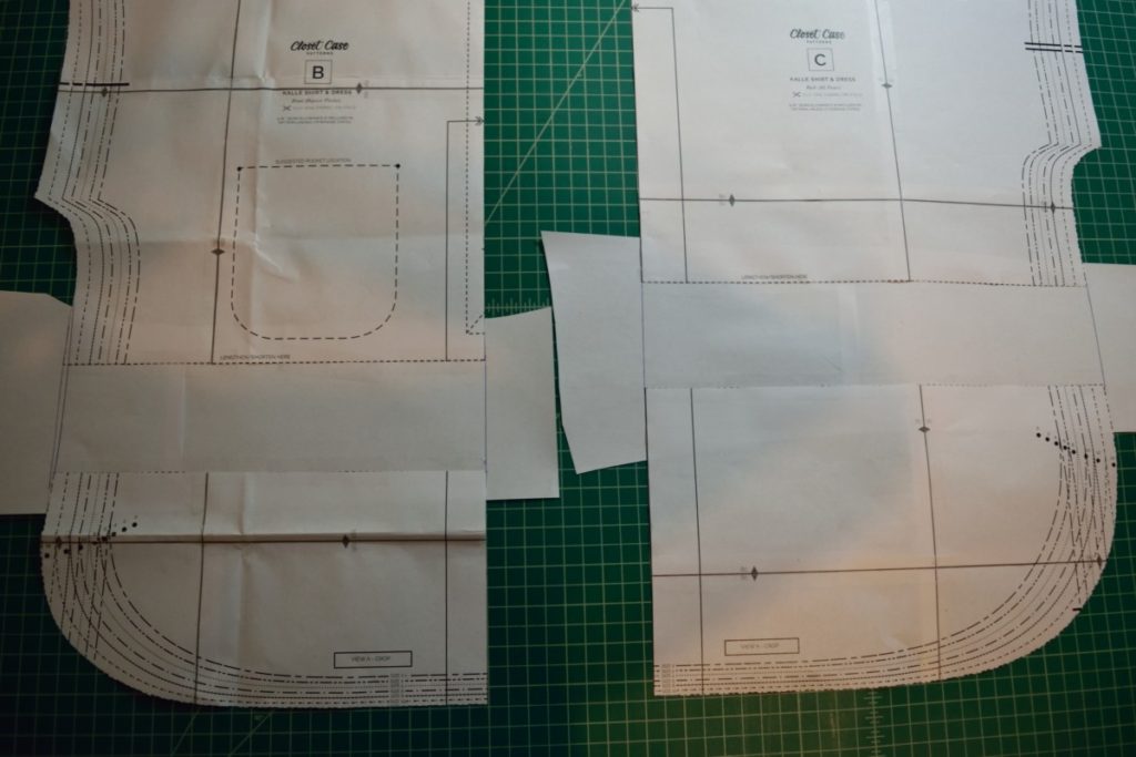 paper taped to opening in slashed pattern pieces