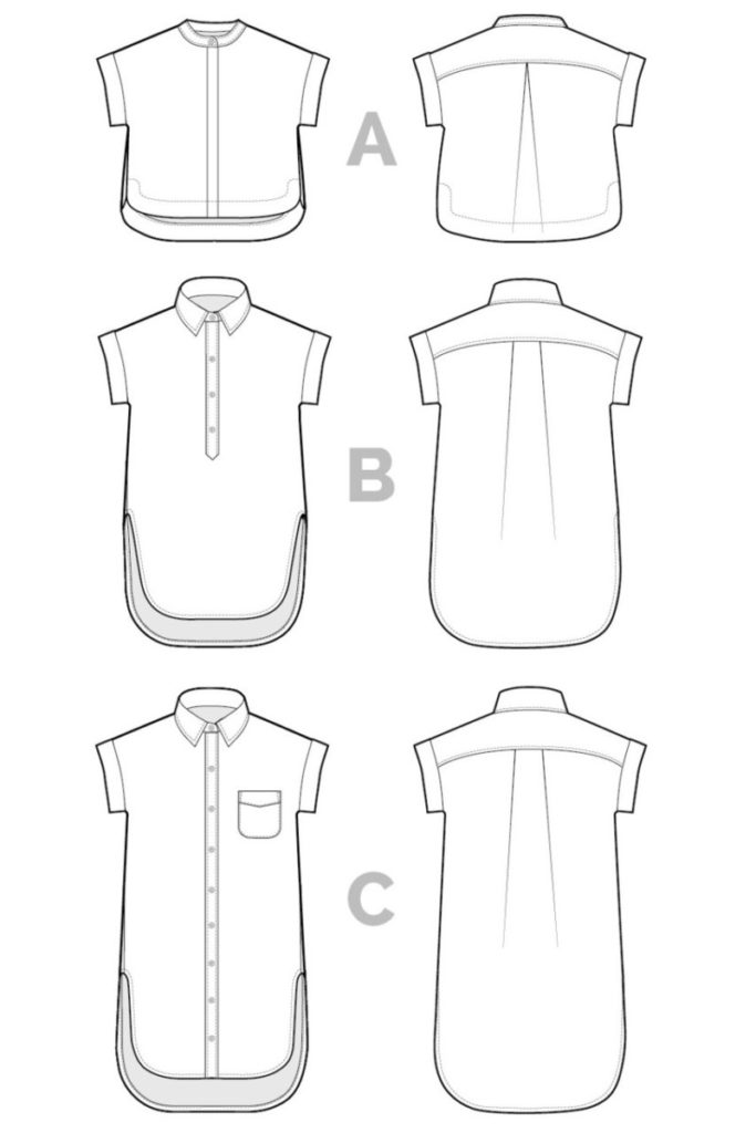 technical drawings of the versions of the kalle shirtdress available