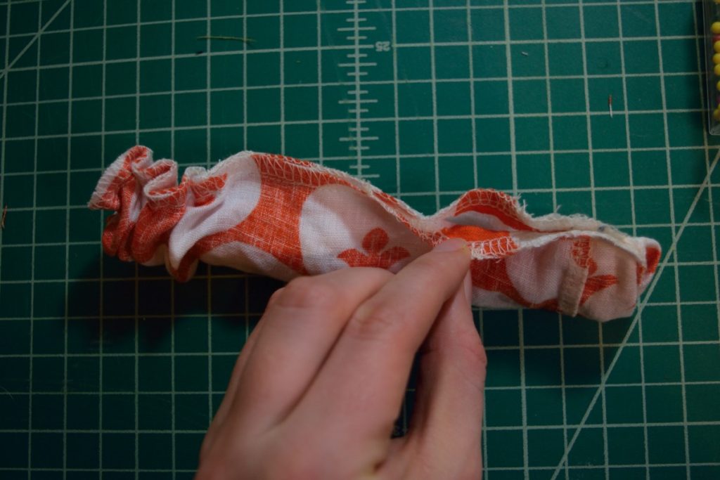 scrunchie sewn inside out with a gap left in the seam