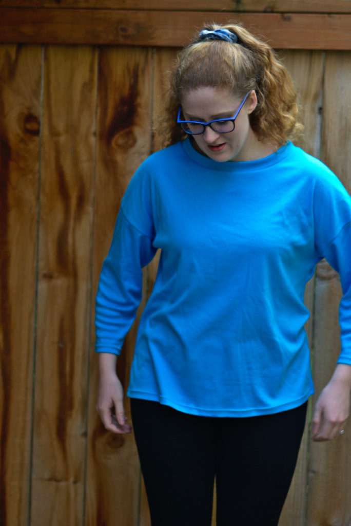 front view of blue sweater made with simplicity 6365